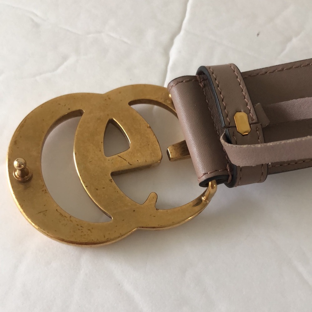 Gucci Authentic Double G  Leather Belt Moon Porcelain Rose 85/34, 1.5" wide - Picture 5 of 13